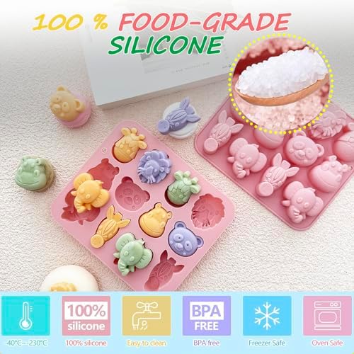 2-Pack Animal Chocolate Molds - Cute Silicone Candy Molds with Panda, Elephant, Hippo, Lion Shapes, Multi-Purpose for Chocolate, Jelly, Soap,Ice Cube Candle Making, Food-Safe & Easy to Demold