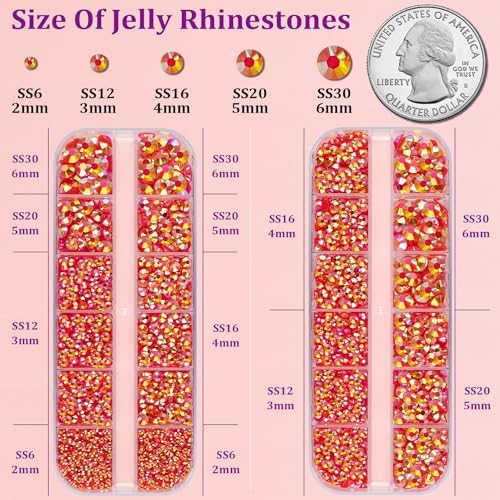 Resin Jelly Rhinestones for Crafting with B7000 Jewelry Glue, 2 Boxes Red AB Flatback Crystals with 3Pcs 10ml Glue, Bedazzling Non Hotfix Gems for DIY Tumblers Clothing Shoes Manicure