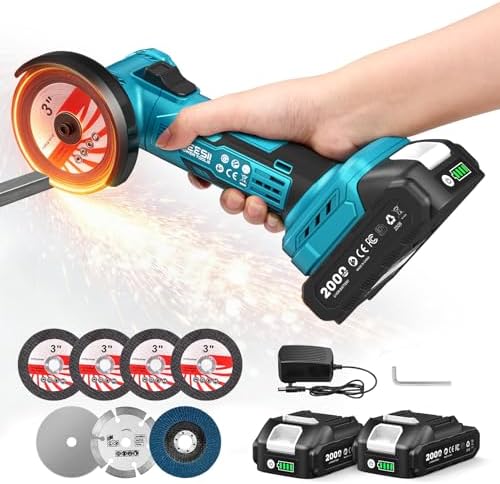 SEESII 3-Inch Cordless Mini Angle Grinder with 2× 21V 2.0Ah Batteries | Brushless Angle Grinder 19000 RPM, 7pcs Cutting Discs, 210W Power Electric Grinder Tool for Metal Wood Polishing Rust Removal