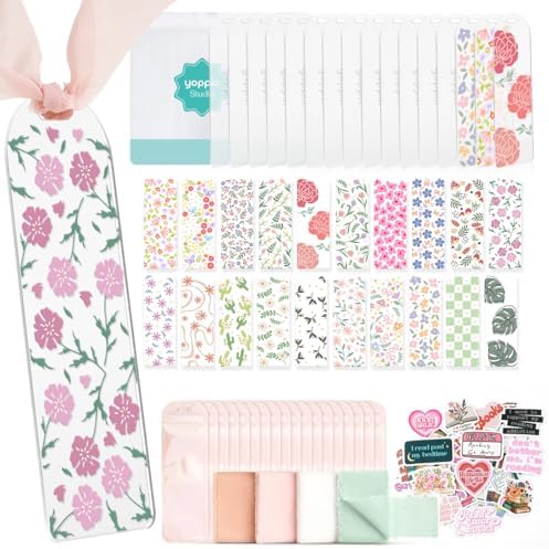 YOPPIX 6x2” Acrylic Bookmark Blanks- 20 Set Bookmark Making Kit with 20 UV DTF Stickers About Flower Theme 20 Ribbon 80 Bookish Stickers for DIY Your Crafts Gift for Book Lover