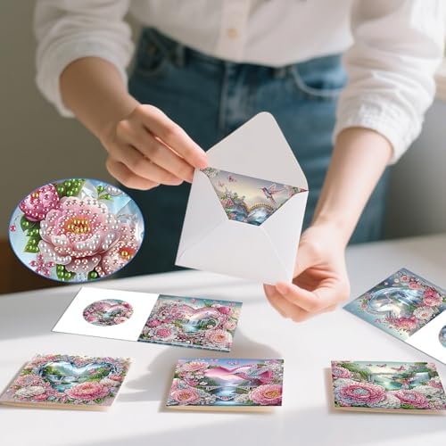 6 Pack Diamond Art Greeting Cards with Envelopes, Flowers and Hummingbirds DIY 5D Diamond Painting Card Kit, Handmade Rhinestone Postcards for Birthday & Valentine’s Day Wishes (30x15cm)