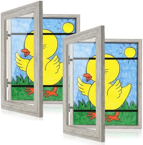 [2-Pack] Kids Art Frames, 8.5x11 Front Opening Kids Artwork Frames Changeable, Grey Wood Grain Artwork Display Storage Frame for Wall, Holds 50 Pcs, for 3D Picture, Crafts, Children Drawing, Hanging