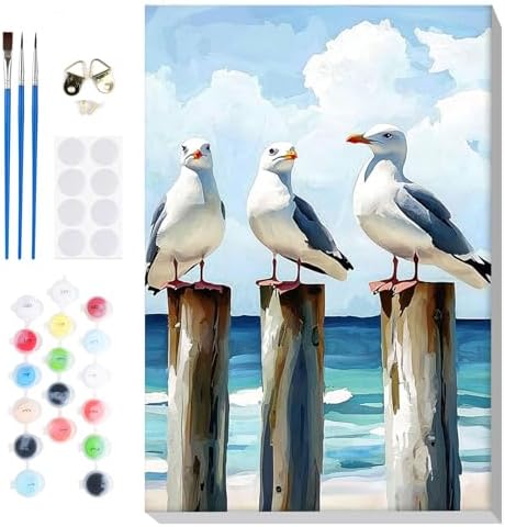 Bowetile Framed Paint by Numbers Seagull for Adults Beginners, Adults' Paint-by-Number Seagull Kits, Easy Adult Paint by Number Kits on Canvas, Acrylic Animals Number Painting for Home Decor, 8x12in