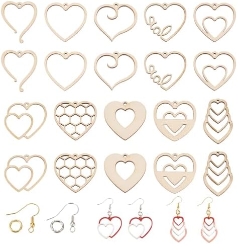 Elecrelive 60pcs Valentine's Day Wooden Earring Set Wooden Heart Charms Unfinished Wood Charms Wood Cutout Earrings for DIY Earring Necklace Jewelry Making