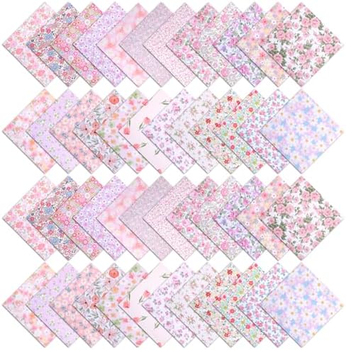 48 Pcs 10 x 10 Inches Pink Floral Cotton Fabric Bundles, Precut Pink Retro Floral Fabric Squares, Spring Quilting Patchwork, Flower Leaves Sewing Fabrics, Assorted Pattern Cloth for DIY Craft Handmade