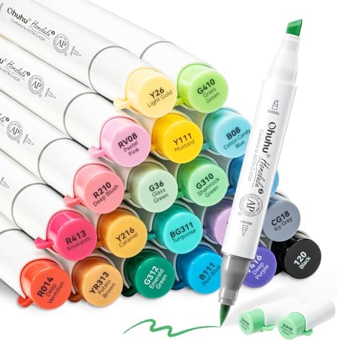 Ohuhu Alcohol Markers Brush& Chisel 24 Colors for Adult Coloring Refillable