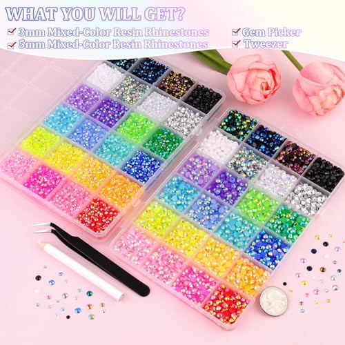 2 Boxes 3mm+5mm Jelly Rhinestones for Bedazzling, 20000Pcs Multicolor Flatback Resin Gems for Crafting, Bedazzler Kit with Tweezer for DIY Crafts Book Fabric Decor Nail Art
