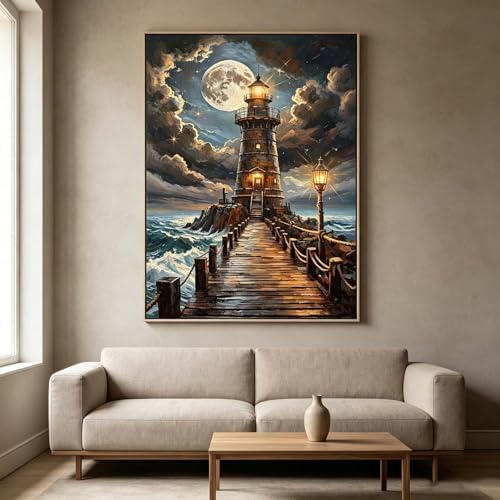 Paint by Numbers Kit for Adults - Ocean Lighthouse at Moonlight, DIY Paint by Number, Oil Painting Style Canvas, Paint by Numbers for Adults, Beginner Friendly Wall Decor Kit