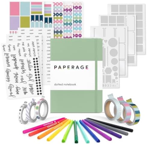 PAPERAGE Bullet Journal Kit, Dotted Journaling Set & Stationary Kit, Hardcover Dotted Journal Notebook (Sage Green), 12 fineliner Pens, 8 Sticker & 3 Stencil Sheets, 6 Washi Tapes