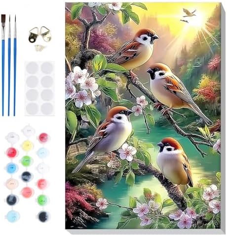 Bowetile Paint by Numbers Birds Kit for Adults, Framed Painting by Numbers Animal, Adults' Paint-by-Number Kits on Canvas, Acrylic Flower Number Painting Gifts for Home Wall Decor, 8x12in