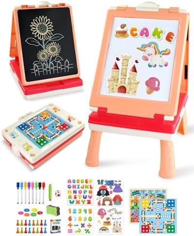 Elovien Foldable Art Easel for Kids, Double Sided with Chalkboard & Magnetic Dry Erase Board, Height Adjustable Desktop Easel, Educational Gift for Girls (Pink)