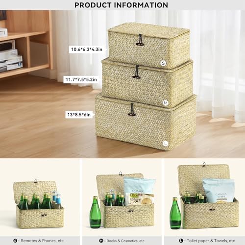 Nonam Wicker Storage Basket with Lid,Seagrass Shelf Basket Set of 3,White