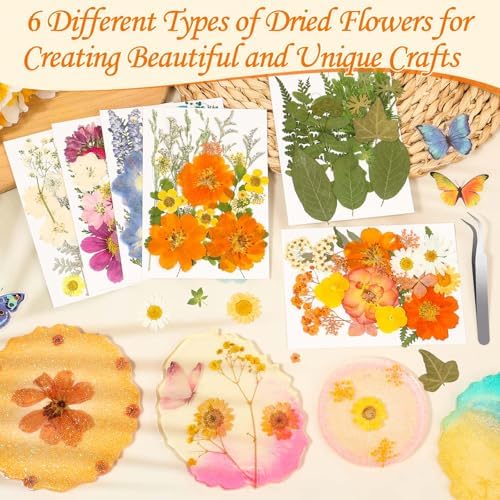 Evatage 155 Pcs Real Dried Pressed Flowers and Leaves for Resin Crafts