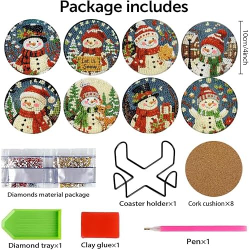 8 Pcs Christmas Diamond Art Coasters Kits, Snowmen Cork Wooden Pad Diamond Painting Coasters with Holder, 5D DIY Full Drill Gem Art Craft Supplies for Adults Beginners Home Decor