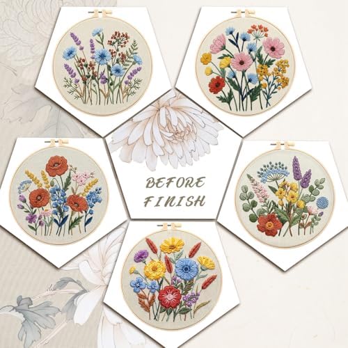 Yinder 5 Set Needlepoint Kits for Beginners Hoops Patterns,Wildflowers