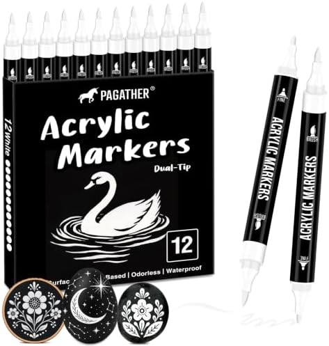 Pagather White Acrylic Paint Markers, 12 Dual Tip with Fine Tip and Brush Tip Pens for Fabric, Stone, Wood, Canvas, Ceramic, Metal, Glass, Rock Painting, DIY Crafts