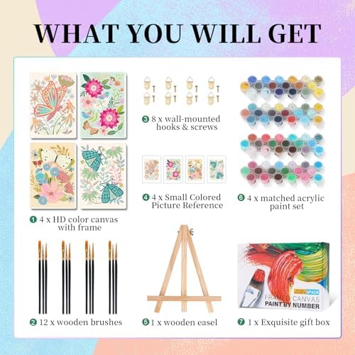 Camocin 4 Pack Framed Paint by Numbers Kit for Adults with Wooden Easel | Flowers & Butterfy Vintage Floral Garden Artwork, DIY Canvas Painting Set, Beginner Friendly, Home Wall Decor, 8x12 Inch