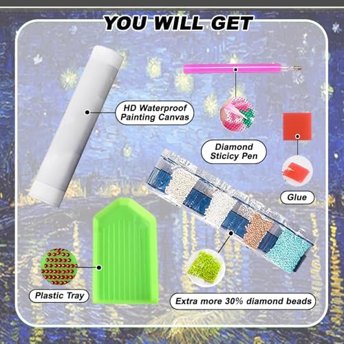 VeGuude Diamond Painting Kits for Adults, Van Gogh Starry Night over the Rhône Diamond Art for Beginner DIY Round 5D Paint with Diamonds Gem Full Drill Diamond Dots for Home Wall Decor Gifts 16x12inch