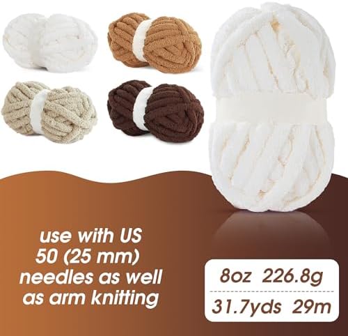MABOZOO Assorted Chunky Yarn for Hand Knitting 8 Pack, Fluffy Jumbo Chenille Yarn, Soft Plush Yarn Bulky, Giant Thick Fuzzy Yarn for Arm Knitting, Khaki Multi (31.7 yds,8 oz Each Skein)