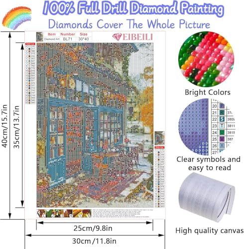 EIBEILI Diamond Painting Kits for Adults DIY 5D Diamond Art Paint with Round Diamonds Full Drill Gem Bookstore Art Painting Kit for Home Wall Decor Gifts 12x16inch
