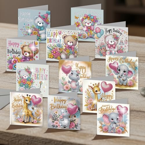 Diamond Art Painting Birthday Cards 12 Pack Cute Animal DIY Craft
