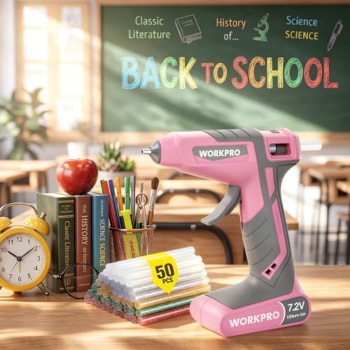 WORKPRO Cordless Hot Glue Gun, 7.2V Dual-Temp Kit, Pink