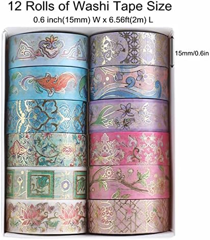 12 Rolls Floral Washi Tape Set, Gold Foil Flower Decorative Washi Masking Tape, Botanical Washi Tape for Scrapbooking, Journal, Planner, DIY Crafts, Gift Wrapping