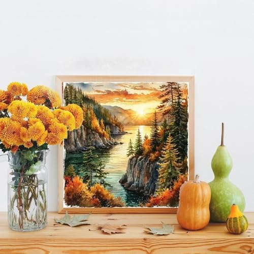 KYOQFVN Landscape Diamond Painting Kits for Adults, Forest Diamond Art Kits for Adults, 5D Autumn Scenery Diamond Painting Full Drill Diamonds Dot for Wall Decor 14x14 inch
