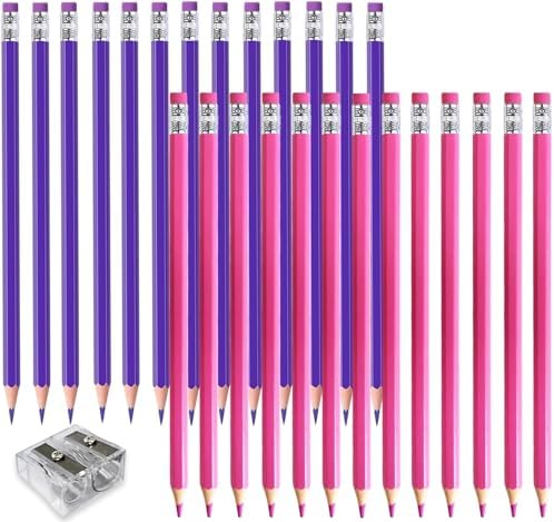 Adhere 25pcs Checking Pencils Erasable colored Pencils Pre-Sharpened #2 HB,for Checking Tests Grading,Map Coloring, editing Office Favors,including a Free sharpener. (Pink 13pcs + Purple 12pcs)