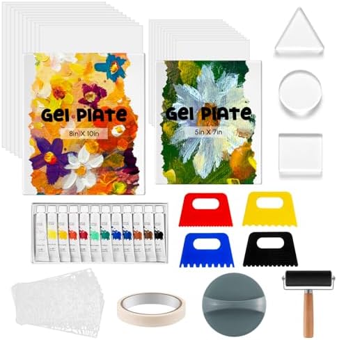 Faccito Gel Printing Plate Kit 8x10 & 5x7 Complete Beginner Gelli Plate Starter Set with Brayer, Paint & Tools Gel Print Kit for Card Making, Scrapbook & Mixed Media Art
