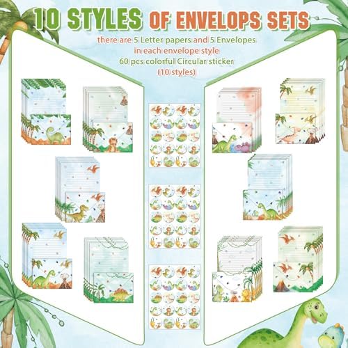 TaoBary 160 Pcs Watercolor Dinosaur Stationery Paper and Envelopes Set