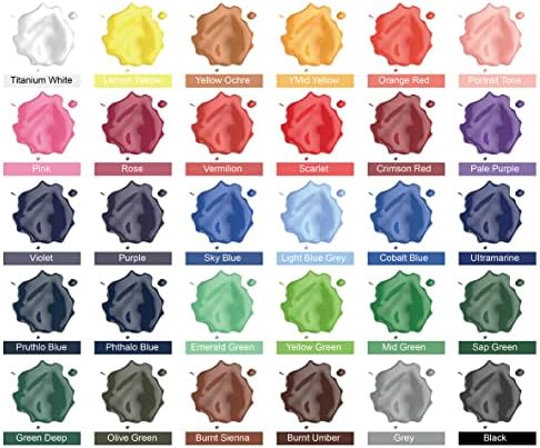 Acrylic Paint Set 30 Colors Craft Paints in Tubes with 10 Art Brushes Rich Pigment for Artists Beginners Painting on Canvas Wood Fabric Crafts, 36ml/Tube