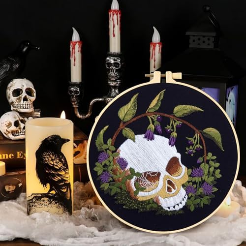 Gothic Skull Embroidery Starter Kits for Beginners Adults, Halloween Stamped Cross Stitch Kit for Beginners Adults, Flowers Hand Embroidery Needlepoint Kit, 2 Embroidery Hoop (Attached Video Tutorial)