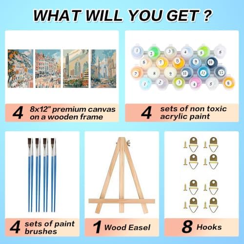 4 Pack Framed Town Paint by Numbers Kits for Adults with Easel (8x12in)