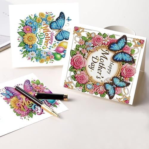 Tontut 6pcs 5D Diamond Art Painting Greeting Card Kit, Butterfly Flower Adult DIY with Envelope, Special Shape Diamond Design Greeting Card Creative Birthday Holiday Gift
