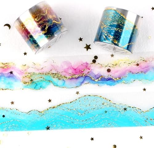 2Pcs Ribbon Washi Tape Set - Gold, Blue, Purple - Aesthetic Washi Tapes - PET Tapes - Washi Tape for Journaling, Scrapbooking, DIY, Craft, Card Making