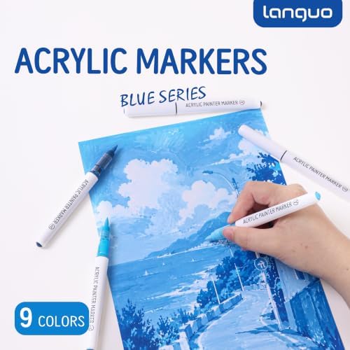 languo Acrylic Paint Markers, 9 Colors Blue Series, Soft Brush Tip