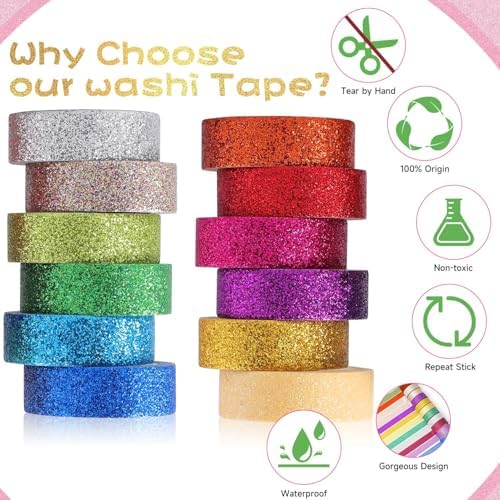 Glitter Washi Tape Set 12 Rolls, Cute Tape Decorative Tape for Crafts