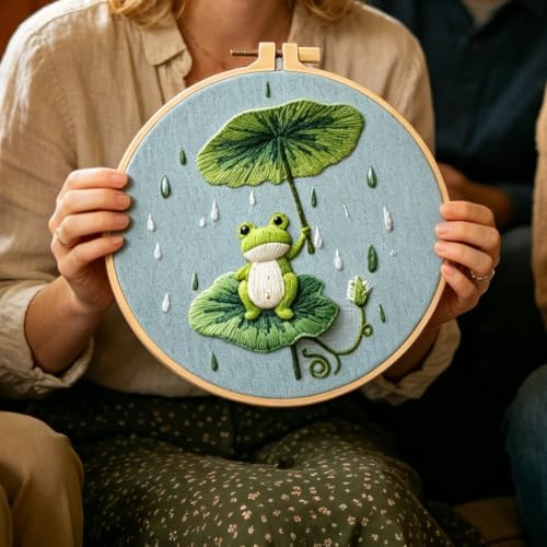 FONNUY Embroidery Kit for Beginners - Frog Under Lotus Leaf DIY Cross Stitch Set, Pre-Printed Fabric with 8’’ Hoop, Cute Rainy Day Art Craft for Adults, Home Decor & Handmade Gift (Green 01)