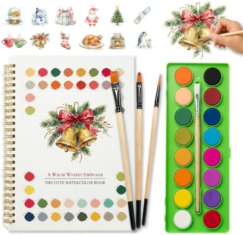 EIOLUIK Christmas Watercolor Workbook Set - 12 Paintings, 16 Paints, 3 Brushes