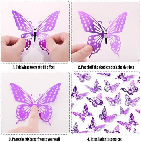 SAOROPEB 3D Butterfly Wall Decor 48 Pcs Purple Butterfly Decorations | 4 Styles 3 Sizes, Birthday Decorations Butterfly Party Decorations Cake Decorations, Removable Stickers