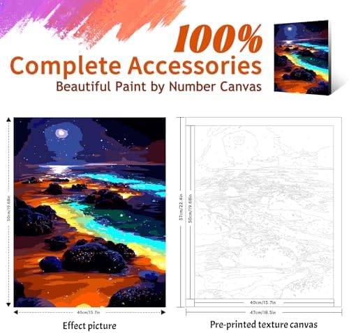 Yunnuo Paint by Numbers Kit for Adults, Seaside Night Scene Adult Paint by Number Kits on Canvas, DIY Beach Number Painting for Wall Decoration Festival Gifts 16"x20"(Glowing Sea Water& Moon)