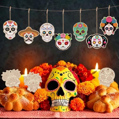 80PCS Wooden Day of The Dead Skull Ornaments to Paint Dia De Los Muertos Decorations Crafts for Kids, Halloween Decorations DIY Blank Sugar Skull Unfinished Mexican Fiesta Cutouts for Party Hanging