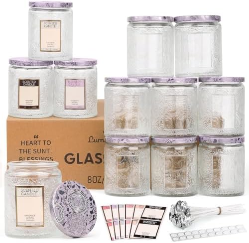 LumaCraft Luxury Embossed Glass Candle Jars for Making Candles - 12 Pack 8oz Empty Candle Containers with Airtight Metal Lids, 20 Wicks & 20 Stickers, Colored Glass Jars for Gifts & Decor