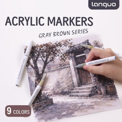 languo Acrylic Paint Markers, 9 Colors Gray Brown Series, Soft Brush Tip