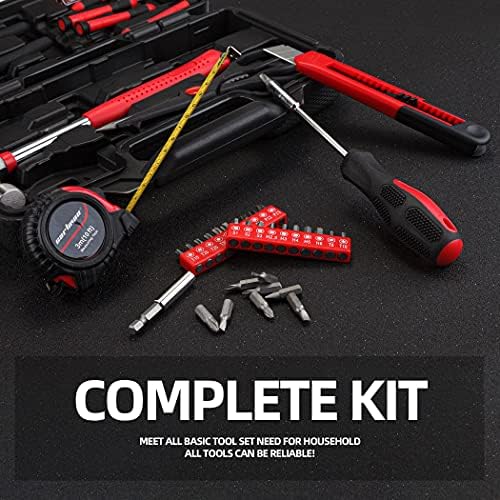 CARTMAN Complete Household Tool Set, Red Hand Kit With Storage Case | Versatile tool assortment for home repairs, DIY projects, furniture setup, crafting, and daily household fixes in toolbox.