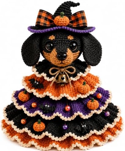 Halloween Crochet Tabletop Decor DIY Kit, Crochet Animal Halloween Tree DIY Craft Kit with Pumpkin Cow Character, Handmade Creative Holiday Craft Set for Adults, Gift for Craft Lovers，Dachshund