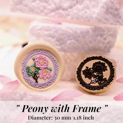 VANGOAL Wax Seal Stamp, Floral Series, 3D Embossed Brass Stamp Head with Wooden Handle, Vintage Sealing Kit for Wedding Invitations, Envelopes, Gift Wrapping, Letters and Crafts (Peony with Frame)