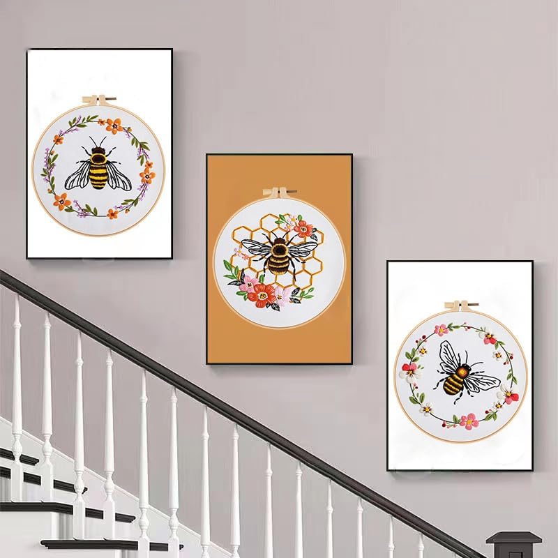 Konrisa Embroidery Kits for Adults Beginner, European Style Bees Collect Honey Stamped Embroidery Starter Kit,DIY Sewing Practice, Needlepoint Cross Stitch Kit,Set of 3
