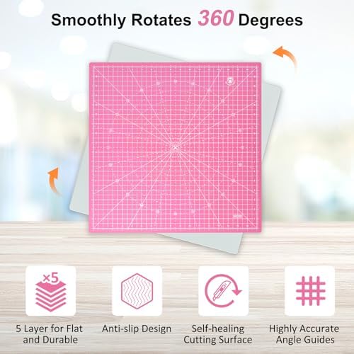 Headley Tools 17"x17" Rotating Cutting Mat, Self Healing Mat with 360-Degree Rotation & Anti-Slip Base, Sewing Board Cutting Mat Perfect for Fabric Quilting Leather Hobby Project, Pink